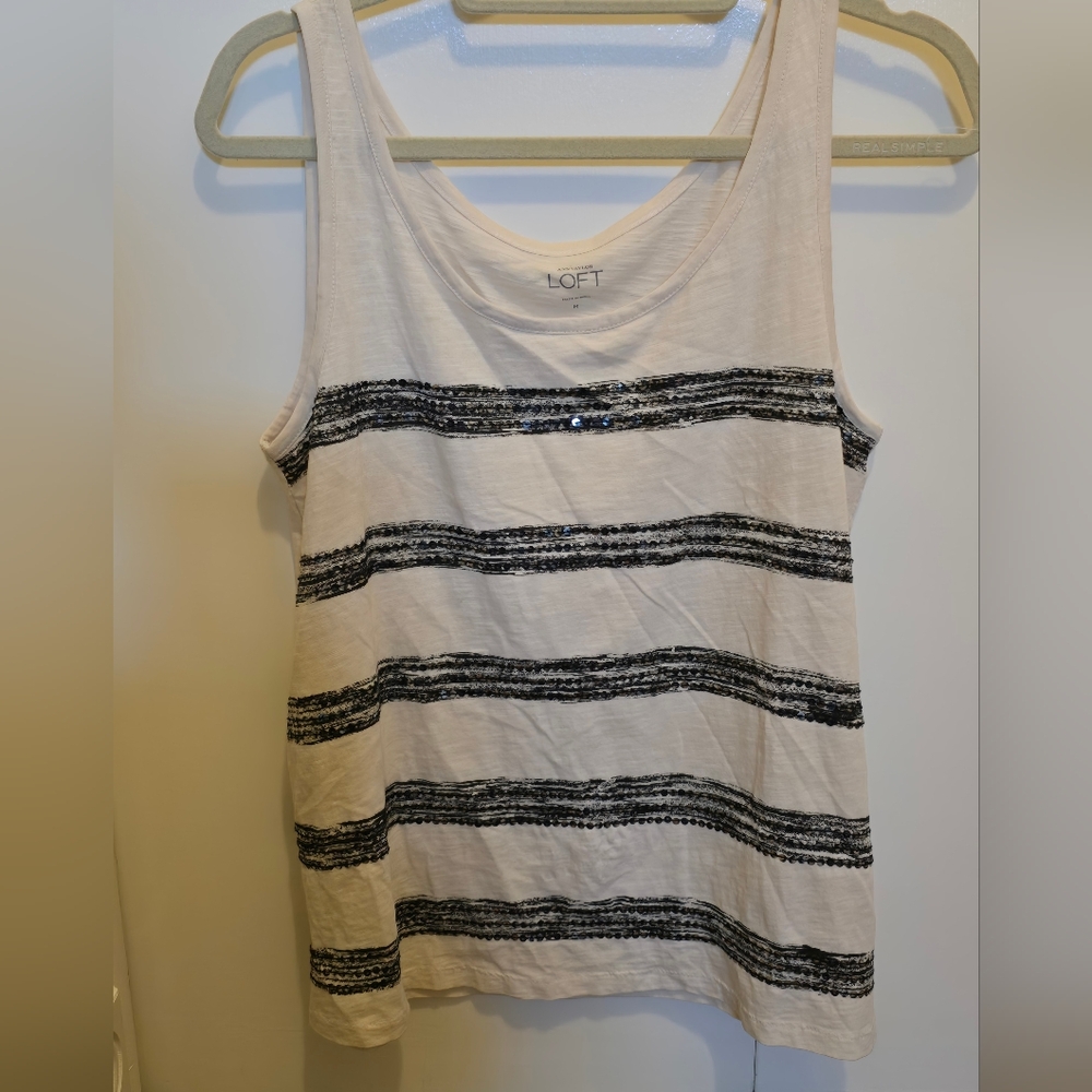 LOFT Women's Cream and Black Striped Top